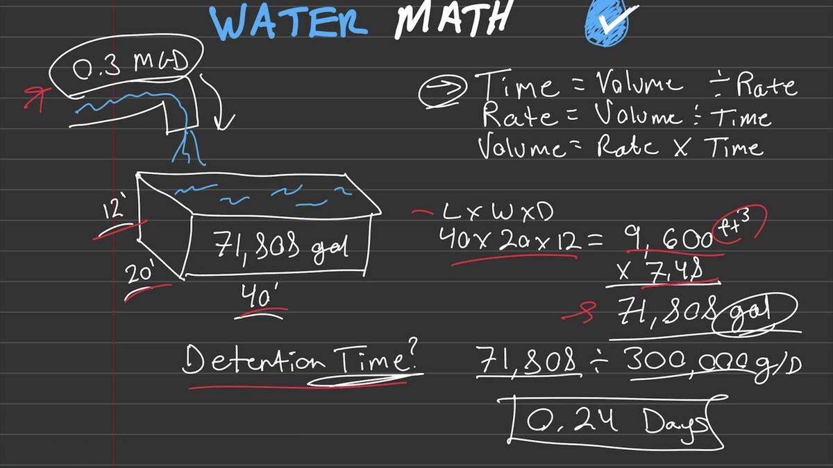 Handwritten worked solution finding detention time for a 40 by 20 by 12 foot basin, ending at 0.24 days